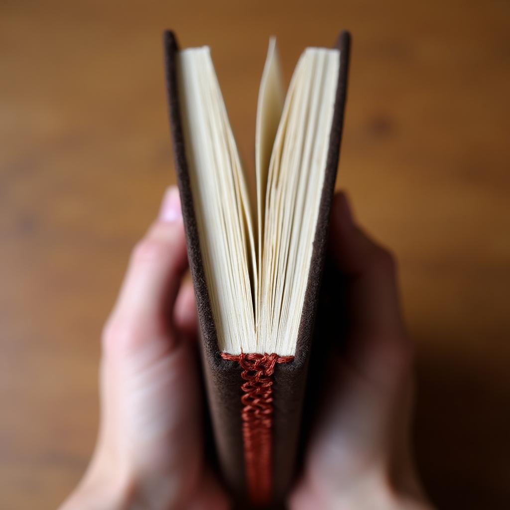 Dettaglio della cucitura copta su dorso di un quaderno artigianale