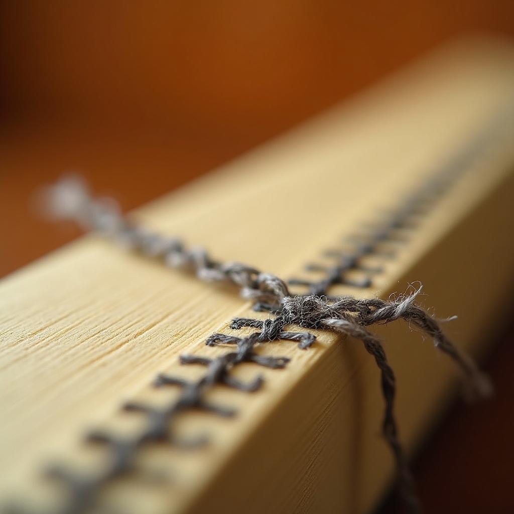 Dettaglio di una cucitura artigianale su carta con filo di lino