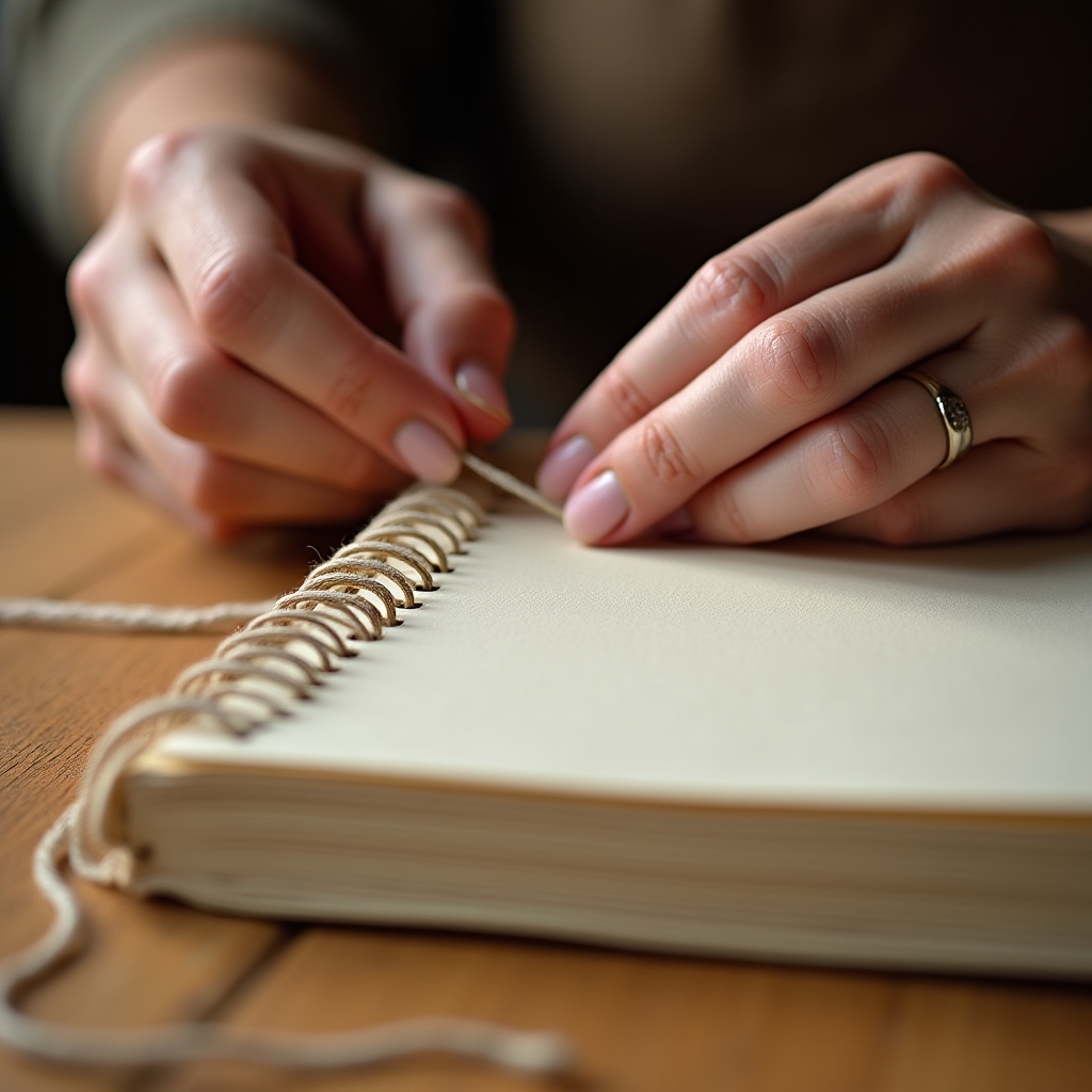 Mani che cuciono un quaderno artigianale con filo e ago