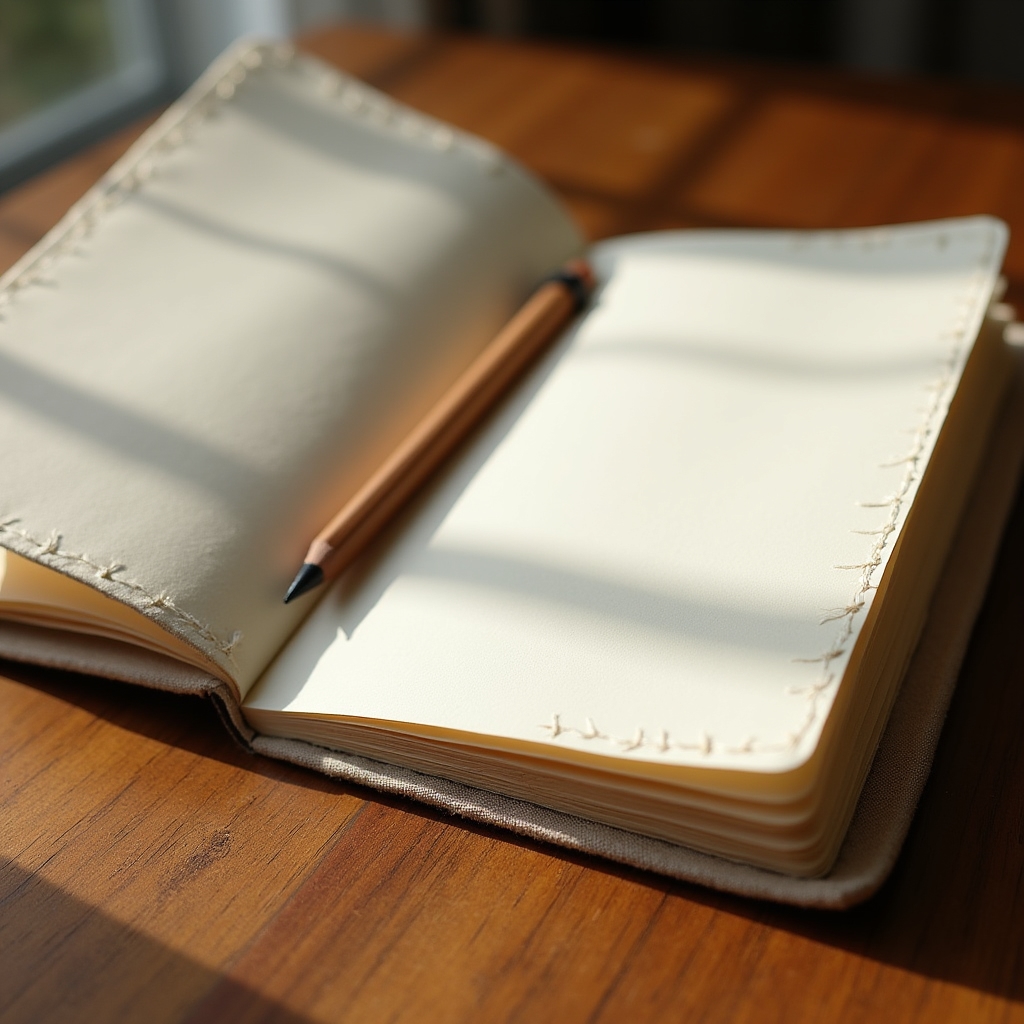 Quaderno con rilegatura a punto lungo aperto su tavolo di lavoro