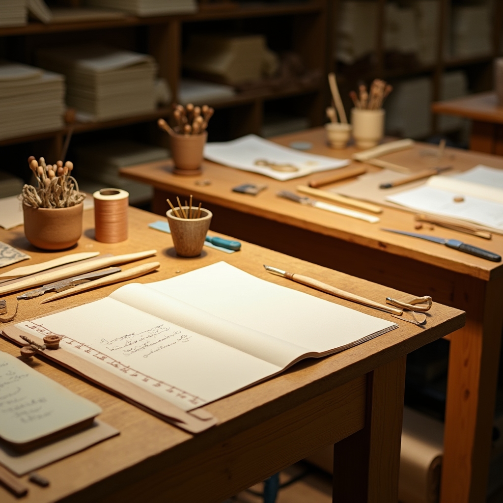 Tavoli di lavoro attrezzati nel laboratorio di legatoria Miroxlix